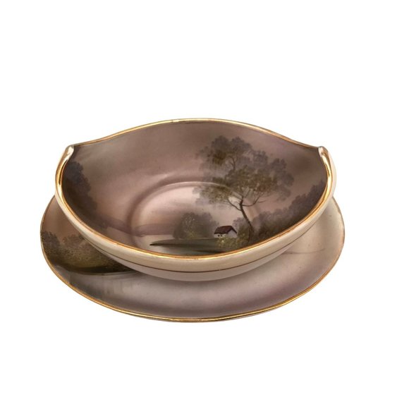 Noritake "M" Morimura Handpainted Sauce Bowl & Underplate Cabin on the Lake 6.5" - Picture 1 of 9